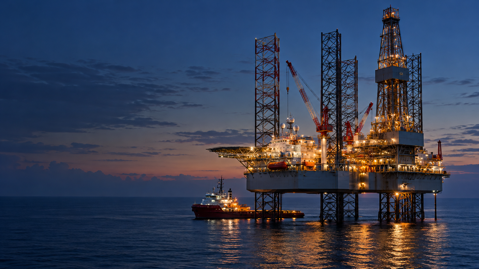 Illustrative offshore drilling rig at dusk