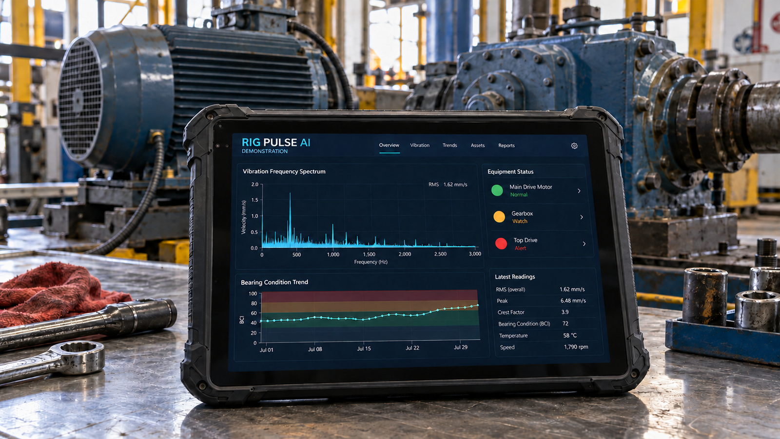 RIG PULSE AI demonstration dashboard on a rugged tablet in a workshop