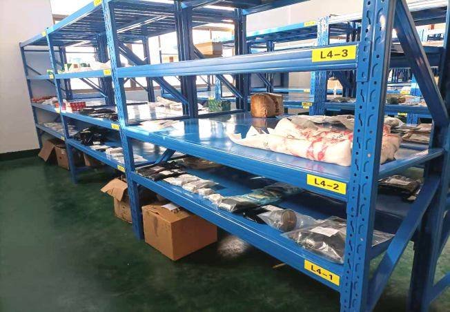 Packaged components on storage racks